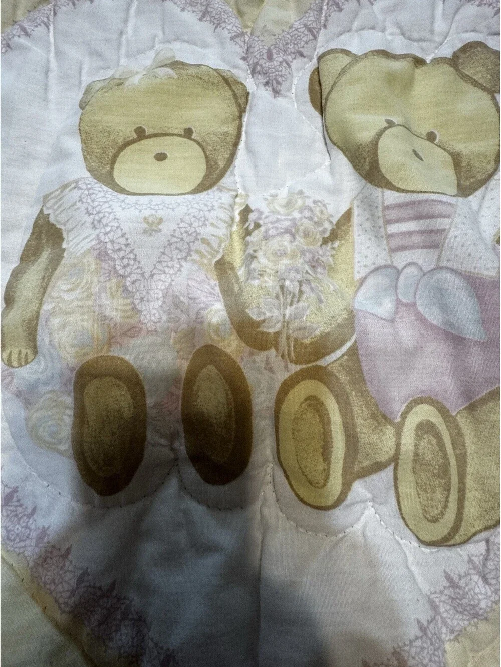 Vintage Junior Custom Quilting Mfg. Crib Quilt Teddy Bears Ruffled Quilted